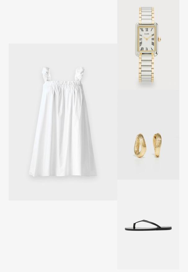 Balta kokvilnas kleita ar elastīgu bodici un salocītām siksnām. A-formas siluets un gluda tekstūra, ar ceļa garuma apdari.; Melnas čībiņas ar minimālistisku dizainu, kas aprīkotas ar plānām siksnām un plakanām zolem. Materiāls izskatās pēc plastmasas ar gludu tekstūru.; Cluse BELISSENA WATCH - Pulkstenis - silver-coloured/gold-coloured; Zeltaini auskari ar griezumu dizainu, kas iezīmējas ar ribotu tekstūru un gludu apdari. Vieglas un tukšas konstrukcijas.