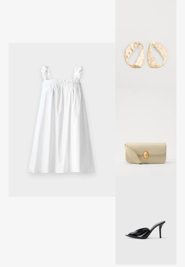 Rochie din bumbac alb cu corset elasticat și bretele volan. Formă în A și textură netedă, având o lungime până la genunchi.; Mule-uri negre din piele cu toc înalt, cu vârf deschis, design ascuțit, textură fină și toc subțire stiletto.; Geantă de mână din piele bej, cu o textură netedă, formă rectangulară și un închizător oval auriu. Dispune de o curea lungă, ajustabilă.; O pereche de cercei din metal de culoare aurie, cu formă ovală neregulată, având o suprafață texturată, ușor ciocănită, pe un fundal alb.