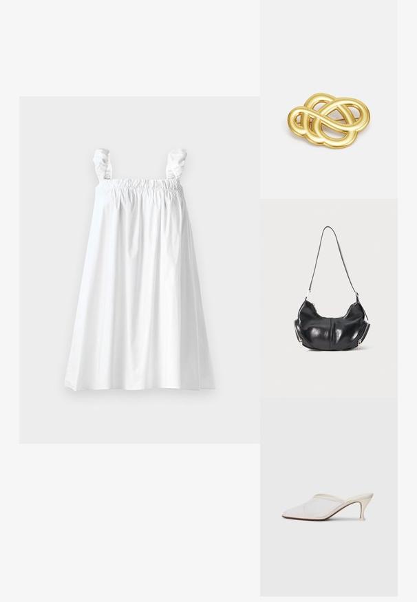 Biała bawełniana sukienka z elastycznym gorsetem i falbaniastymi ramiączkami. W kształcie A i o gładkiej teksturze, z długością do kolan.; Białe melanżowe mule z ostro zakończonym noskiem, o smukłym średnim obcasie i wsuwanej konstrukcji na jednolitym tle.; Czarna skórzana torba w kształcie półksiężyca na ramię z srebrnymi zamkami błyskawicznymi po obu stronach i pojedynczym paskiem.; Brożka w odcieniu złotym z knotowym wzorem, posiadająca gładkie, zaokrąglone linie oraz misterny kształt, odzwierciedlająca wypolerowaną powierzchnię.