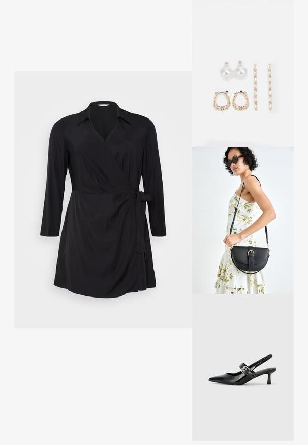 Fekete, laza szabású ruházat hosszú ujjaival, gallérral és megkötős derékrésszel. Puha, sima anyagból készült, amely lágy esést biztosít.; Fekete lakkbőr slingback sarkú cipők hegyes orral és kis blokk talppal, ezüst csat díszítéssel a pánton.; Fekete bőrtáska ívelt formával, levehető pánttal és arany színű fémrészekkel. A táskán egy csattal díszített fedél található.; Három fülbevalópár: nagy fehér gyöngy fülbevalók, arany karika fülbevalók, tiszta drágakövekkel, és két hosszú, egyenes arany akcentus fülbevaló csillogó részletekkel.