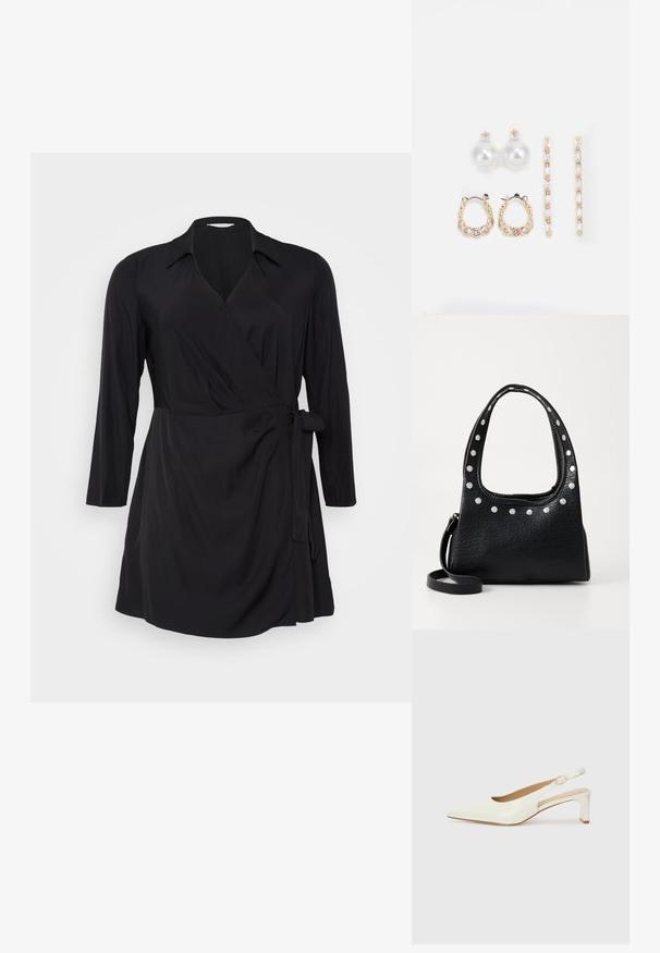Rochie neagră cu mâneci lungi, guler și un detaliu legat la talie. Fabricată dintr-un material moale și neted, cu o siluetă drapată.; Pantofii slingback din piele lăcuită albă, cu vârful ascuțit și toc mic pe bloc. Dispun de o curea subtilă cu un detaliu în nuanță de aur.; Geantă din piele texturată neagră, cu bolțuri argintii de-a lungul marginii superioare și a mânerei, având o mână scurtă și o curea detasabilă.; Trei perechi de cercei: cercei cu perle albe mari, cercei tip cerc din aur cu pietre clare și două cercei lungi, drepți, din aur cu detalii strălucitoare.