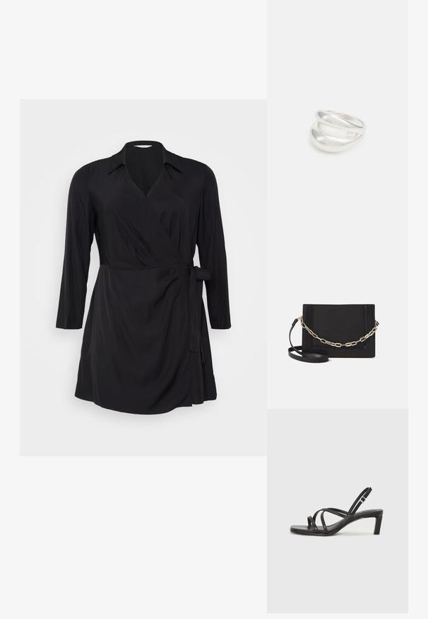 Čierne zavinovacie šaty s dlhými rukávmi, golierom a detailom s viazaním v páse. Vyrobené z jemného, hladkého materiálu s voľným strihom.; Čierne sandále na vysokom podpätku so štvorcovou špičkou a nízkym blokovým podpätkom. Obsahujú viacero tenkých popruhov a nastaviteľný členkový popruh. Vyrobené z hladkej kože.; Čierna kožená crossbody taška s hladkou textúrou, obdĺžnikovým tvarom a kovovým reťazovým detailom na prednej strane. Súčasťou je nastaviteľný popruh.; Strieborný prsteň s dvojitým pásikom s hladkým, lesklým povrchom. Má plynulý, zakrivený dizajn s prekryvajúcimi sa časťami pre moderný vzhľad.