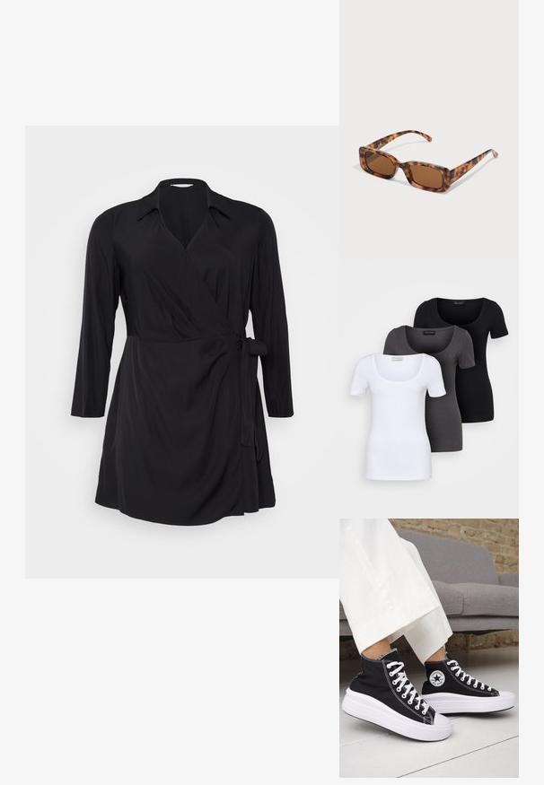 Musta kietaisumekko, jossa on pitkät hihat, kaulus ja sidottu vyötärö. Valmistettu pehmeästä ja sileästä kankaasta, jossa on laskeutuva siluetti.; Kolme istuvaa T-paitaa valkoisena, harmaana ja mustana. Jokaisessa on leveä avara pääntie ja lyhyet hihat. Valmistettu sileästä ja joustavasta kankaasta.; Mustat korkeavartiset tennarit, joissa valkoiset kumipohjat ja nauhat. Koristettu pyöreällä logotarralla ja valkoisilla kontrastisaumoilla. Materiaali on canvas.; Aurinkoaurinkolasit kilpikonnakuosisilla, suorakulmaisilla ruskeilla linsseillä, paksulla kehysrakenteella ja ohuilla varsilla, joissa on vaihtelevaa ruskean sävyä.