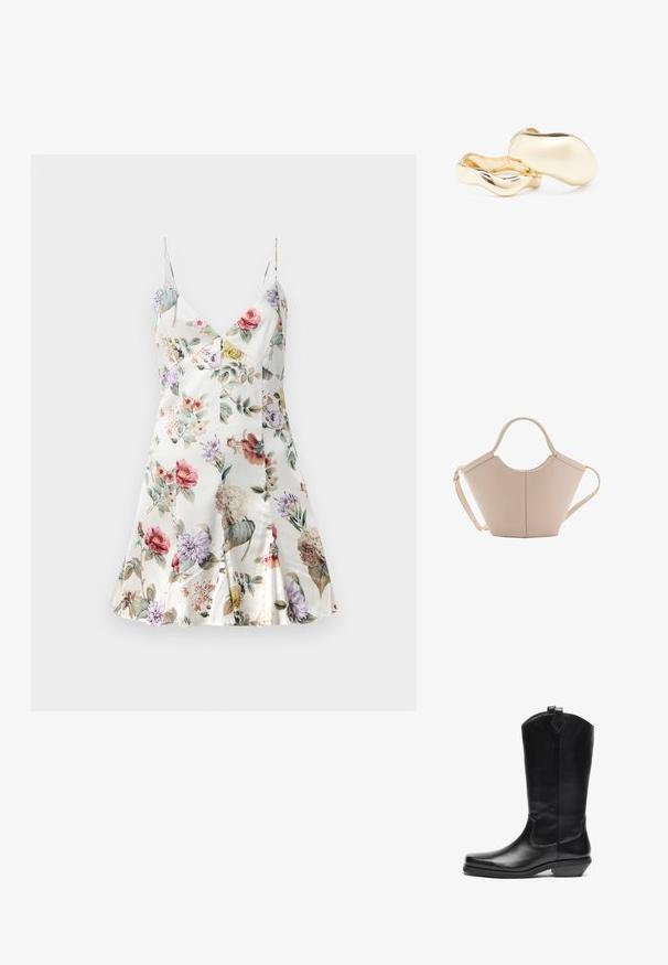 Satenasta obleka s cvetličnim potiskom, z V-izrezom, tankimi naramnicami, razširjenim robom ter različnimi cvetovi v roza, vijolični, rumeni in zeleni barvi na belem ozadju.; Črne usnjene kavbojske čevlje do gležnjev s koničastim nosom, nagnjenim peto, z zanko na vrhu in minimalnim dekorativnim šivanjem.; Bežna usnjena torbica edinstvene oblike, z dvema kratkima ročajema in dolgim nastavljivim trakom. Gladka tekstura z minimalno kovinsko opremo.; Zlate uhanice z organsko obliko, podobno fižolu, s gladko in odsevno površino; imajo minimalističen dizajn brez vidne opreme.