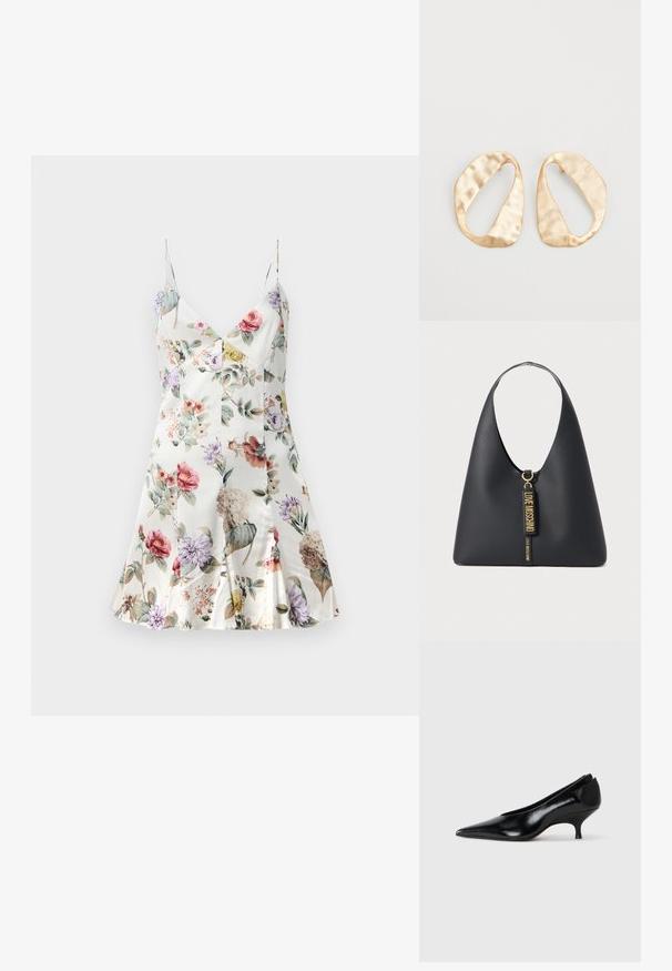 Ziedu raksta samta kleita ar V veida kaklu, plānām siksnām, izplešanos apakšmalā un dažādiem ziediem rozā, purpursarkanā, dzeltenā un zaļā krāsā uz balta fona.; Melna ādas kurpe ar izteikto purngalu, zemu papēdi, elegantu dizainu un gludu tekstūru. Iespējama vilkšana ar rokām, bez redzamām detaļām.; Melnas ādas plecu soma ar plašu siksnu, zelta aparatūru un diviem piekārtiem birkām ar uzrakstu "LOVE MOSCHINO" zelta burtiem.; Pāris neregulāras ovālas formas zelta toņos metāla auskaru ar teksturētu, nedaudz sitētu virsmu uz baltas fona.