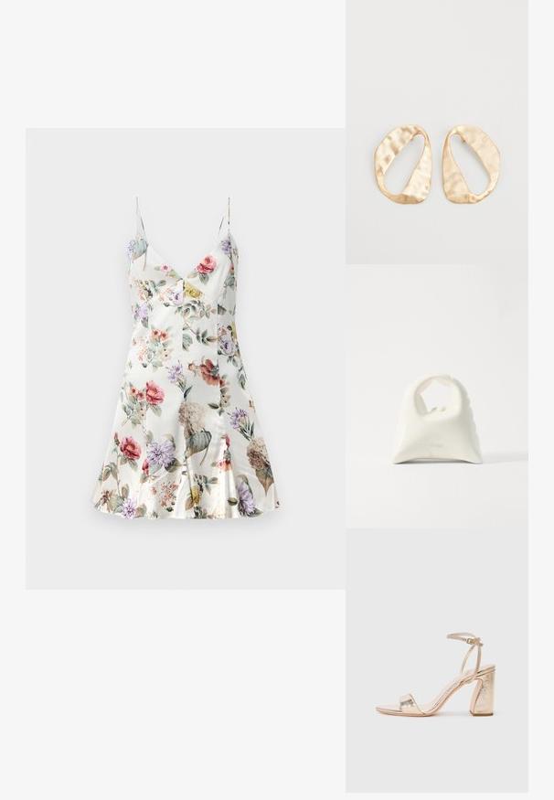 Saténové šaty s květinovým potiskem, V-výstřihem, tenkými ramínky, rozšířeným lemem a různými květinami v růžové, fialové, žluté a zelené na bílém pozadí.; Zlaté metalické sandály na vysokém podpatku mají široký pásek přes prsty, nastavitelný pásek kolem kotníku a strukturální blokový podpatek.; Bílá kabelka s texturovaným, zakřiveným designem. Má výraznou rukojeť a zaoblené dno, s hladkým povrchem a minimem kovových doplňků.; Pár nepravidelných oválných náušnic z kovu pozlaceného zlatem s texturovaným, mírně kladivkovým povrchem na bílém pozadí.