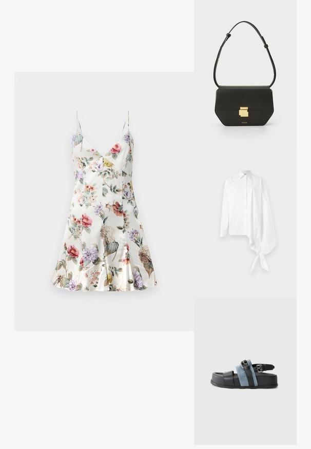 Blumenbedrucktes Satinkleid mit V-Ausschnitt, dünnen Trägern, ausgestelltem Saum und verschiedenen Blumen in Rosa, Lila, Gelb und Grün auf einem weißen Hintergrund.; Weißes Langarmhemd mit Knopfleiste, das einen asymmetrischen, übergroßen, gerafften Ärmel aufweist, der am Handgelenk auf der rechten Seite gebunden ist.; Schwarze und blaue Sandale mit einer dicken Plattform, aus Leder und Denim-Material, verstellbarem Riemen und offenem Zehenbereich.; CLOSED CLOSED ONE - Umhängetasche - black