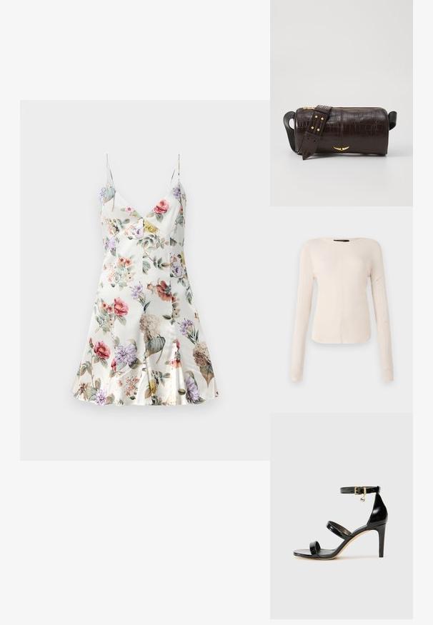 Lille musteriga satiinkleit V-dekoltee, õhukeste rihmadega, laieneva varruka ja mitme õiega, sealhulgas roosa, lilla, kollane ja roheline, valgel taustal.; Pikkade varrukatega helesinine topp ümmarguse kaelusega. Valmistatud pehmest kangast, sisaldab keskset õmblust ja kergelt kaardus serva. Ei ole nähtavat riistvara.; Must musta nahk sandaal kolme rihmaga, pahkluu vööga ja 4-tollise stilettakontsaga. Omab kuldset detaili ja logovõtit.; Pruunist krokodillimustrist nahast kott, millel on silindri kuju, kuldse tooni metalldetailid ja eemaldatav rihm, kus on nupud.