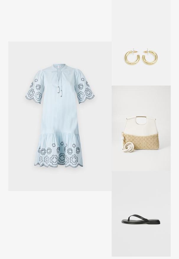 Jasnoniebieska bawełniana sukienka z krótkimi bufiastymi rękawami, z czarnym haftem kwiatowym na rękawach i u dołu, oraz dekoltem ze sznurkiem.; Czarne klapki wykonane z gładkiej skóry, z cienkim paskiem i płaską podeszwą o minimalistycznym profilu. Brak widocznych wzorów lub akcentów.; Biała skórzana torebka z teksturowanym kremowym plecionym dnem. Posiada złotą rączkę oraz spiralny biały pasek, co zapewnia wszechstronność użytkowania.; Złote kolczyki w kształcie kółek o gładkim, błyszczącym wykończeniu. Okrągły design z małym klipsem i przezroczystym zapięciem zapewniającym bezpieczne noszenie.