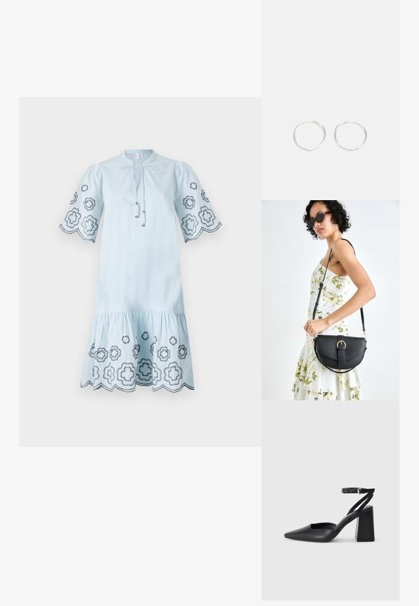 Světle modré bavlněné šaty s krátkými puff rukávy, zdobené černou květinovou výšivkou na rukávech a lemu, a s nastavitelným výstřihem.; Černé kožené lodičky se špičatou špičkou, kotníkovým páskem a silným podpatkem. Hladká textura, elegantní design a minimalistická estetika.; Černá kožená kabelka s křivkovým tvarem, odnímatelným popruhem a zlatými detaily. Kabelka má klopu s přezkou.; Stříbrné kruhové náušnice s elegantním, kulatým designem, s hladkým povrchem a bez viditelných ozdob. Průměr není specifikován.