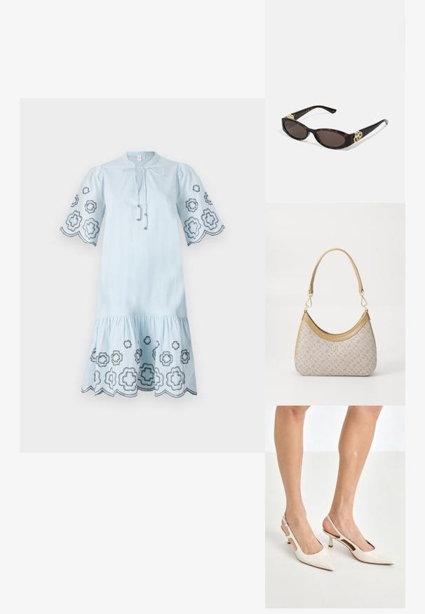 Hellblaues Baumwollkleid mit kurzen Puffärmeln, verziert mit schwarzem Blumenstickerei an den Ärmeln und dem Saum sowie einem Kordelzug am Hals.; Beige Lackleder Slingback-Absätze mit spitzem Fuß und 5 cm Absatz, mit ausgeschnittenen Seiten und einem schmalen Knöchelriemen.; Schildpatt-Sonnenbrille mit länglich-ovalen Gläsern, braunem Farbton, goldenen Logo-Akzenten an den Bügeln und schlanken schwarzen Bügeln.; Beige gemusterte Handtasche mit geschwungener Form, Lederakzenten und einem goldfarbenen Logo auf der Vorderseite. Verfügt über einen kurzen Griff für einfaches Tragen.; Perlen- und Kristallhalskette mit einem runden, perlenbesetzten Design in sanften Farbtönen, das abwechselnd Perlen und funkelnde Akzente zeigt, um den Hals getragen.