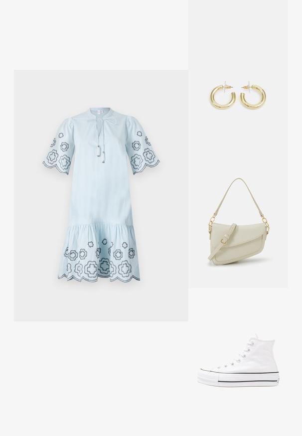 Hellblaues Baumwollkleid mit kurzen Puffärmeln, verziert mit schwarzem Blumenstickerei an den Ärmeln und dem Saum sowie einem Kordelzug am Hals.; Weiße hochwertige Leinensneaker mit schwarzer Gummisohle, vorderem Gummizehenschutz und sechs Ösen für Schnürsenkel, die ein sauberes, minimalistisches Design aufweisen.; Kleine cremefarbene Handtasche mit strukturiertem Finish, einem langen verstellbaren Tragegurt, einem Kettenakzent und einem Klappenverschluss. Goldene Hardware-Details.; Goldene Creolen mit einer glatten, glänzenden Oberfläche. Zirkuläres Design mit einem kleinen Stecker und einer klaren Rückseite für einen sicheren Sitz.