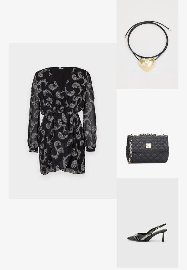 Czarna sukienka z przezroczystego materiału, z srebrnymi wzorami paisley, dekoltem w kształcie litery V, długimi bufiastymi rękawami i detalem w postaci sznura w talii.; Czarne lakierowane buty typu slingback z ostrym noskiem, paskami na kostkach z srebrnymi klamrami i elementami metalowymi oraz smukłym obcasem.; Czarna torebka z syntetycznej skóry pikowanej z złotym zapięciem i łańcuszkiem, o prostokątnym kształcie i teksturowanej powierzchni.; Czarny warkoczony naszyjnik z cordu z polerowanym złotym wisiorkiem w kształcie serca o gładkich krzywiznach i błyszczącej powierzchni.