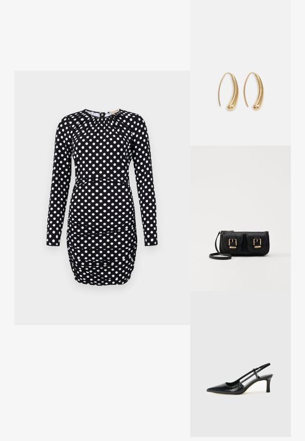 Long-sleeve dress in black fabric with white polka dots, featuring gathered detailing and a fitted silhouette. Smooth texture, above-knee length.; Black patent slingback heel with a pointed toe, featuring textured snake print, adjustable strap, and a short, textured block heel.; Black leather crossbody bag with two front pockets, gold buckles, zipper closure, and a slim strap. Textured surface and compact rectangular shape.; Gold-tone metal hoop earrings with a curved, elongated shape. Features a smooth, shiny surface and a rounded tip for added detail.