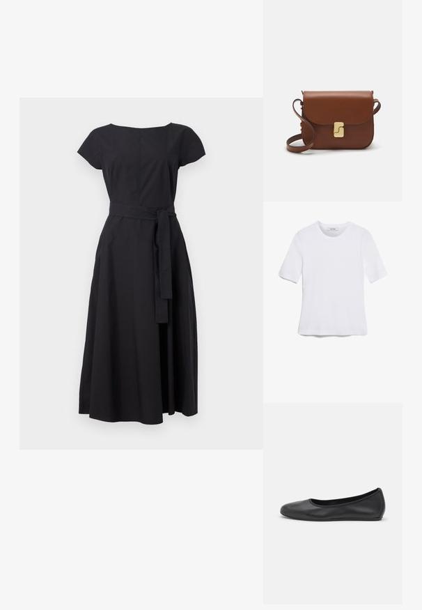 Melna kleita, kas izgatavota no auduma, ar īsām piedurknēm, apaļu kakla izgriezumu, piegulošu korpusu un jostasvietu, kas ved uz midi garuma svārkiem.; Balta īsām piedurknēm T-krekls, izgatavots no ribota auduma. Apaļš izgriezums, regulāra piegriezuma un diskrēti šuvumu detaļas. Bez printiem vai grafikām.; Melna ādas baleta kurpe ar noapaļotu purngalu, gludu tekstūru, minimālu šuvju detalizāciju un elastīgu zoles dizainu.; Bordo ādas rokas soma ar atloku, zeltītām detaļām, plecu siksnu un gludu virsmu. Kompakta, taisnstūrveida forma.