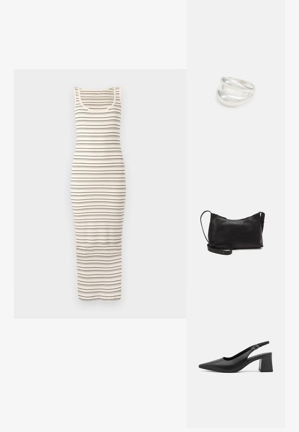 Robe maxi sans manches rayée en crème et bleu marine. Présente une silhouette ajustée, une texture côtelée et un col rond.; Chaussure à talon en cuir noir, à dos nu, avec un bout pointu et un large talon bloc. Elle dispose d'une sangle réglable avec une boucle en métal.; Sac à épaule en cuir noir avec une texture lisse, une forme courbée, une bandoulière ajustable et une fermeture éclair. Design minimaliste sans embellissements.; Bague en argent à double bande avec une surface lisse et polie. Présente un design fluide et courbé avec des sections qui se chevauchent pour un look moderne.