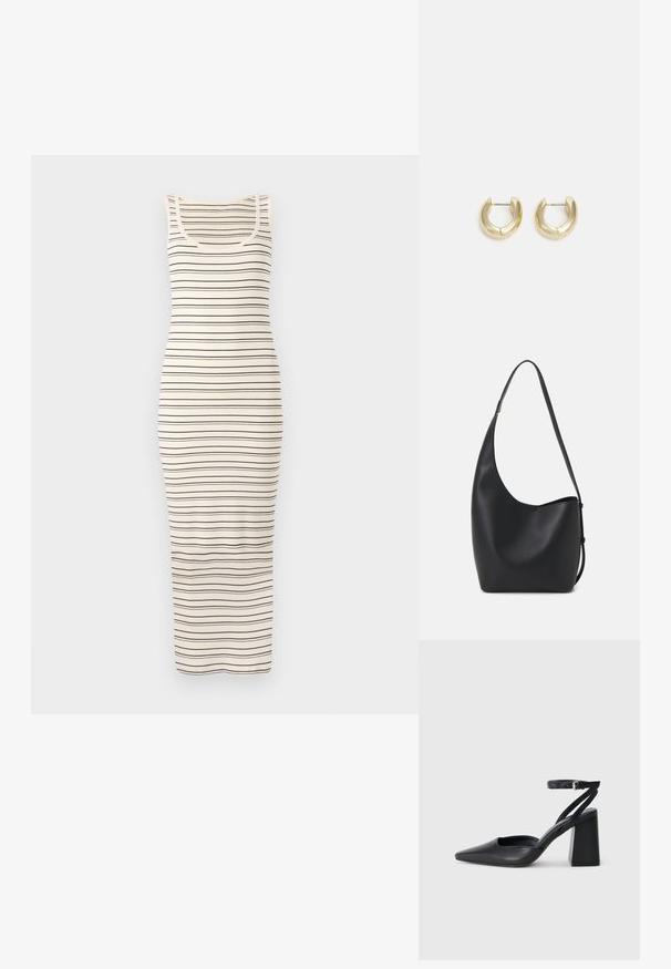 Maksimalna sukienka bez rękawów w paski w kolorze kremowym i granatowym. Charakteryzuje się dopasowanym krojem, żeberkową teksturą i okrągłym dekoltem.; Czarne skórzane czółenka z ostrym noskiem, z paskiem na kostce i grubym obcasem. Gładka faktura, elegancki design i minimalistyczna estetyka.; Czarna skórzana torba hobo o gładkiej fakturze, zaokrąglonym kształcie i pojedynczym, regulowanym pasku; posiada szerokie otwarcie na górze.; Złote kolczyki w formie obręczy o gładkim, wypolerowanym wykończeniu. Charakteryzują się półkolistym kształtem i bezpiecznym zapięciem na styk.