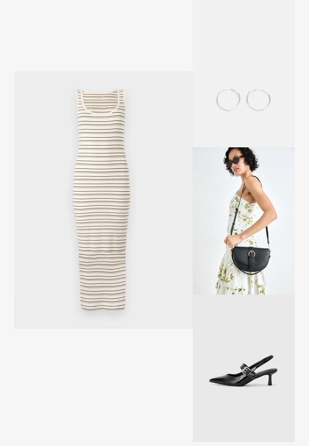 Csíkos ujjatlan maxi ruha krém és sötétkék színben. Jellemzője a testhezálló szabás, bordázott textura és kerek nyakkivágás.; Fekete lakkbőr slingback sarkú cipők hegyes orral és kis blokk talppal, ezüst csat díszítéssel a pánton.; Fekete bőrtáska ívelt formával, levehető pánttal és arany színű fémrészekkel. A táskán egy csattal díszített fedél található.; Ezüst karika fülbevalók, letisztult, kerek formával, sima felülettel és látható díszítés nélkül. A átmérő nem megadott.