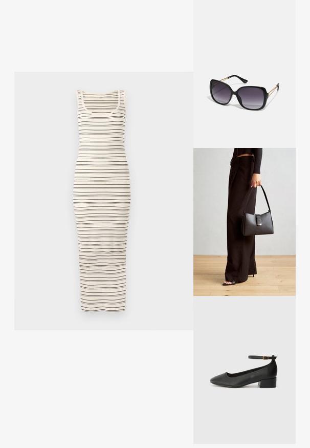 Rö striped ilma varrukat maxi kleit kreemi ja mereväe värvi. Omab keha lähedast siluetti, ribatatud tekstuuri ja ümarat kaelust.; Must mustaapp, millel on terav nina ja madal blokk-kand. Omab pahkluu rihma koos kuldse tooni pandlaga. Sile tekstuur.; Mustad ümarad päikeseglaasid, millel on gradient objektiivid, paksud raamid ja kuldse tooni kettaga kaunistused tempelitel.; Must musta kott, millel on struktureeritud kuju, sile tekstuur ja metallist klamber. Kombineeritud laiate mustade pükstega ja avatud varvaste sandaalidega puidust põrandal.