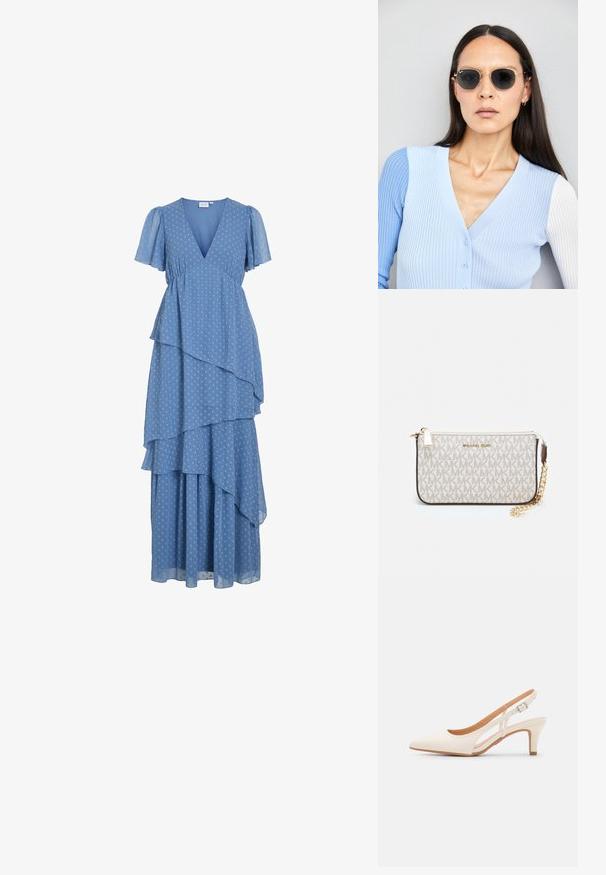 Robe maxi à pois bleus en couches avec des manches courtes à volants et un décolleté en V, présentant des détails de taille froncés.; Talons aiguilles blanches à bride arrière avec un bout pointu, un dessus lisse, un petit talon carré et un design avec découpes latérales et sangle réglable.; Lunettes de soleil rondes avec verres sombres et monture en or. Le modèle porte un cardigan à côtes bleu clair avec des boutons et des manches blanches contrastantes.; Porte-monnaie Michael Kors en toile enduite beige avec un motif répété de logo MK, des accessoires en or et une bandoulière en chaîne amovible.