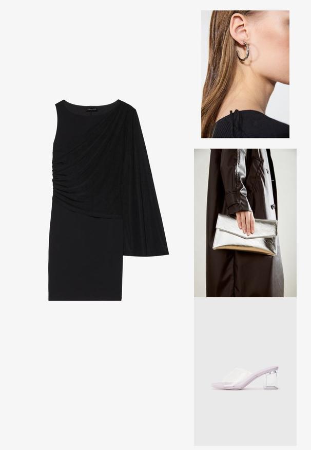 Schwarzes Kleid mit einem langen Ärmel, das auf einer Seite mit drapiertem Stoff und einer figurbetonten Silhouette versehen ist. Glatte Textur, knielanges Design.; Lavendelfarbene mules mit Absatz aus klarem Kunststoff und transparentem Blockabsatz. Glatte Textur, offenes Zehendesign, minimalistischer Stil.; Silberner metallischer Clutch mit einem eckigen Umschlagdesign, glatter Textur und kontrastierender Innenfarbe, gehalten in einer Hand, die einen schwarzen Mantel trägt.; Silberne Creolen mit polierter Oberfläche, die kleine goldene Akzentdetails und eine runde Form aufweisen, am Ohrläppchen getragen.