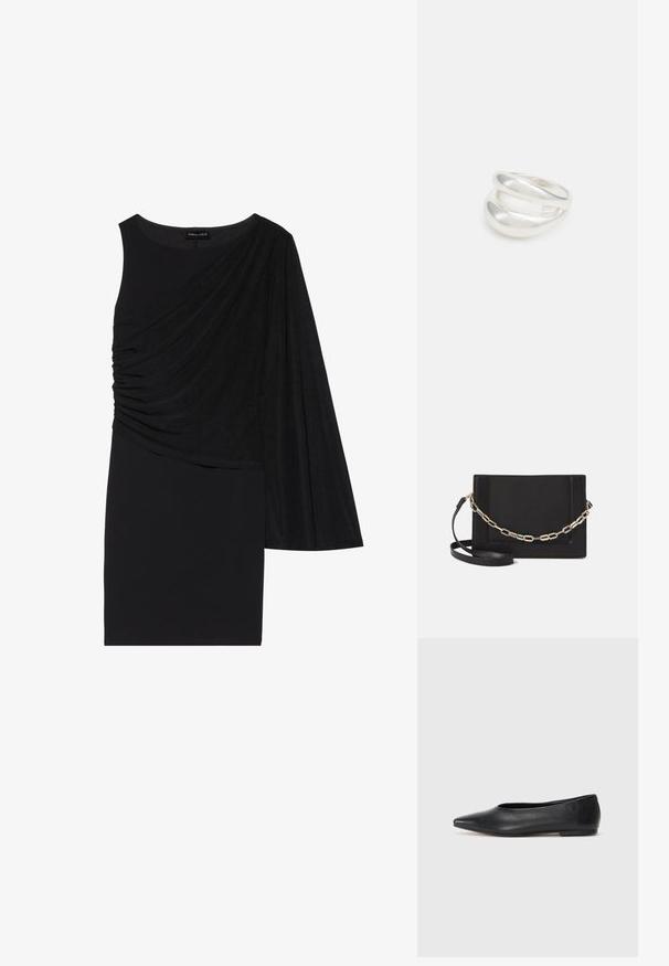 Sort kjole med én langærme, der har draperet stof på den ene side og en tætsiddende silhuet. Glat tekstur, knælangt design.; Sort læder balletflade, spidse tæer, minimalistsk design, glat tekstur, lav hæl, ingen synlig hardware eller udsmykninger.; Sort læder crossbody taske med en glat tekstur, rektangulær form og en metallisk kæde detalje foran. Justerbar skulderrem inkluderet.; Sølvring med dobbeltbånd og en glat, poleret overflade. Den har et flydende, buet design med overlappende sektioner for et moderne udtryk.