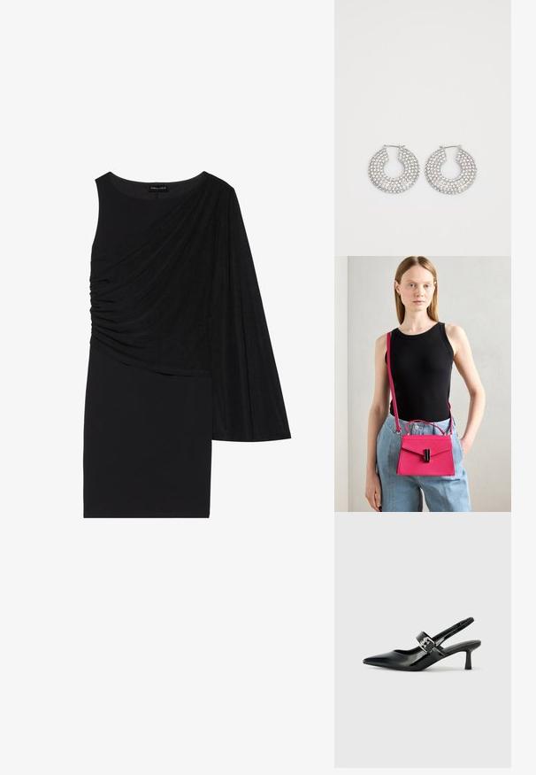 Sort kjole med én langærme, der har draperet stof på den ene side og en tætsiddende silhuet. Glat tekstur, knælangt design.; Sorte laker slingback hæle med spids tå og en lille blokhæl, med en sølvspændeaccent på remmen.; Rød struktureret skuldertaske med flaplukning og sorte metal detaljer. Bruges som crossbody med en lang rem. Glat tekstur.; Sølvøreringe med flere klare krystaludsmykninger, med en struktureret overflade og et åbent rundt design.