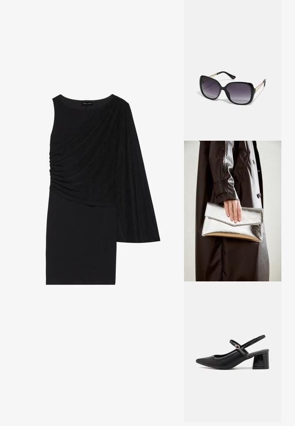 Black dress with one long sleeve, featuring draped fabric on one side and a fitted silhouette. Smooth texture, knee-length design.; Black patent leather slingback heels with a pointed toe, a rounded cutout design, and a block heel. Features a gold-tone buckle accent.; Black oversized sunglasses with gradient lenses, thick frames, and gold-tone chain detailing on the temple arms.; Silver metallic clutch with an angular envelope design, smooth texture, and contrasting interior color, held in a hand wearing a black coat.