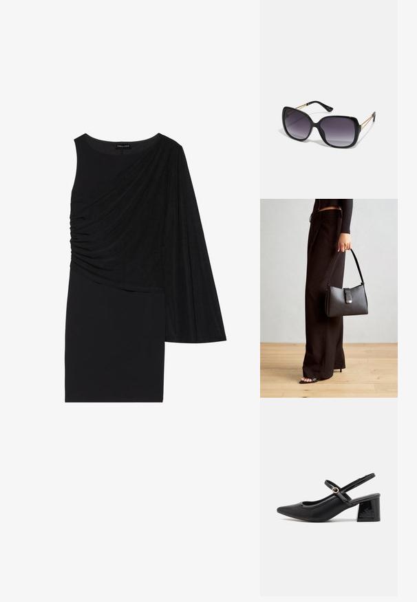 Čierne šaty s jedným dlhým rukávom, s drapovanou látkou na jednej strane a priliehajúcou siluetou. Hladká textúra, dizajn po kolená.; Čierne lakované kožené lodičky so slingback dizajnom, špicatou špičkou, zaobleným výrezom a blokovým podpätkom. Obsahuje akcent zlatého tónu s prackou.; Čierne oversized slnečné okuliare s gradientovými sklíčkami, hrubými rámami a zlatým retiazkovým detailom na stranách.; Čierna kabelka so štruktúrovaným tvarom, hladkou textúrou a kovovou sponou. V kombinácii so širokými čiernymi nohavicami a sandálmi s otvorenou špičkou na drevenej podlahe.