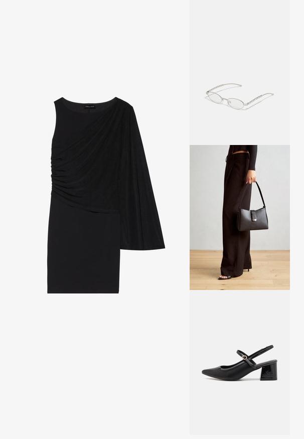 Melnā kleita ar vienu garo piedurkni, uz vienas puses ar drapētām auduma detaļām un pieguļošu siluetu. Gluda struktūra, līdz ceļiem garš modelis.; Melns patentēts ādas sandales ar norādīta pirksta formu, noapaļotu izgriezuma dizainu un bloķētu papēdi. Iezīmēta ar zelta toņa sprādzi.; Ovālas brilles ar metāliski sudraba rāmi, caurspīdīgām lēcām un teksturētām pērlīšu akcentiem uz tempļiem. Viegls dizains ar izliektiem kājiņām.; Melnā somiņa ar strukturētu formu, gludu tekstūru un metālu sprādzi. Saskaņota ar platām melnām biksēm un sandālēm ar atvērtu purngalu uz koka grīdas.