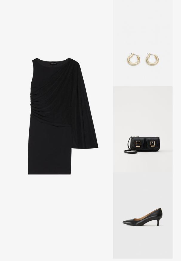 Sort kjole med én langærme, der har draperet stof på den ene side og en tætsiddende silhuet. Glat tekstur, knælangt design.; Sorte læderpumper med spids tå, lav hæl og en glat tekstur. Har en let åbning foran og minimal hardware bagpå.; Sort læder crossbody taske med to frontlommer, guldspænder, lynlåslukning og en slank rem. Struktureret overflade og kompakt rektangulær form.; Lauren Ralph Lauren BASIC SMALL HOOP - Øreringe - gold-coloured
