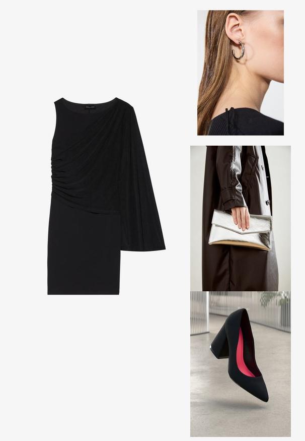 Zwarte jurk met één lange mouw, voorzien van gedrapeerde stof aan één kant en een aansluitende pasvorm. Gladde textuur, knielang ontwerp.; Zwarte hoge hak met een spitse neus en een gestructureerd bovenwerk. Interieur met felroze voering. Vierkante hak met een metallic accent aan de basis.; Zilveren metallic clutch met een hoekig envelopontwerp, een gladde textuur en een contrasterende binnenkleur, vastgehouden in een hand die een zwarte jas draagt.; Zilveren oorbel met een gepolijste afwerking, met kleine gouden accentdetails en een ronde vorm, gedragen op de oorlel.