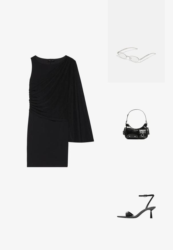 Črna obleka z eno dolgo rokavico, ki vsebuje drapirano tkanino na eni strani in prilega silhueti. Gladka tekstura, dolžina do kolen.; Bershka Sandali z visoko peto - black; Ovalna očala s kovinsko srebrnim okvirjem, prozornimi lečami in teksturiranimi perlastimi detajli na stenah. Lahka zasnova z ukrivljenimi ročaji.; Črna lakasta usnjena torbica s ukrivljeno obliko, enim ramenskim trakom, sprednjimi žepi in srebrnimi kovinskimi dodatki.