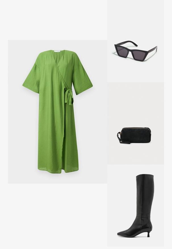 Zaļa apvalka kleita, izgatavota no viegla auduma. Iespējas ietver plašas piedurknes, jostas saites un dziļu V veida dekoltē. Gluda, nedaudz teksturēta virsma.; Zign Zābaki - black; Melni, stūrveida saulesbrilles ar pelēkiem objektīviem; izgatavotas no plastmasas, ar biezām kājām, kam ir gluda virsma un nav redzamu stiprinājumu.; Melnas zamšādas gēlu somiņa ar rāvējslēdzēju un noņemamu plaukstas siksniņu. Ar zelta tonis aparatūru un gludu, matētu tekstūru.