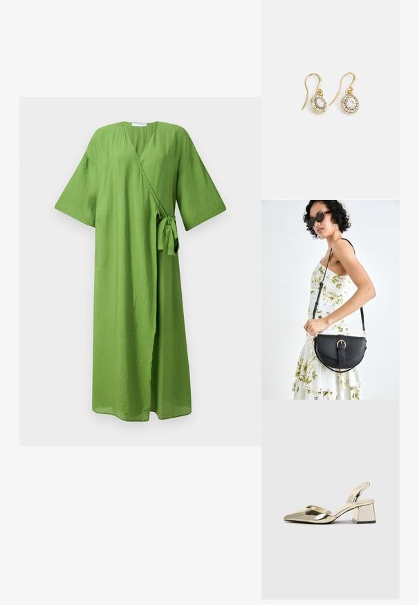 Roheline seljast kinnitatav kleit on valmistatud kergest kangast. Omab laiu varrukaid, vöödega taljet ja sügavat V-kaelust. Sile, kergelt tekstureeritud pind.; Kuldne, metallilised slingback-kudumid terava varba ja paksu kontsaga. Sile tekstuur, minimalistlik disain ja kitsas rihm.; Mustmust mustraha kõverate joontega, eemaldatava rihmaga ja kuldsete detailidega. Kotil on klapp, millel on pandladetail.; Kuldtooni kõrvarõngad ovalikujuliste selgete kristallidega, mille ümber on väiksemad selged kivid, ja kaarvormiga disain, et tagada kindel kandmine.