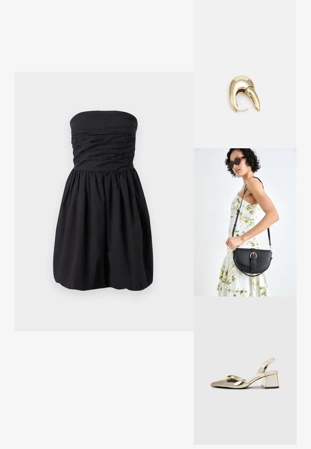 Čierne šatové šaty bez ramienok s riasenou látkou v oblasti korzetu a rozšírenou sukňou. Vyrobené z ľahkého materiálu s hladkou textúrou.; Zlaté kovové lodičky na podpätku so špicatou špičkou a robustným podpätkom. Hladký povrch, minimalistický dizajn a úzka remienok.; Čierna kožená kabelka s zaobleným tvarom, odnímateľným popruhom a zlatými doplnkami. Kabelka má klopu s detailom s prackou.; Náušnice z kovu v zlatej farbe s elegantným, zakriveným dizajnom. Majú charakteristický špicatý tvar, leštený povrch a uzáver na pánt.