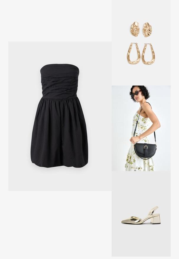 Svart strapless kjole med rynket stoff i livet og en utsvingt skjørt. Laget av lett materiale med en jevn tekstur.; Gull, metallisk slingback-hæler med spiss tå og chunky hæl. Glatt tekstur, minimalistisk design og en smal stropp.; Svart lærveske med en buet form, avtagbar stropp og gullbeslag. Vesken har et klaff med spenne-detall.; Gullfargede øredobber med teksturerte, bølgete former. Inkluderer skulpturelle klipsstuds og åpen hoop-design med en hamret finish.