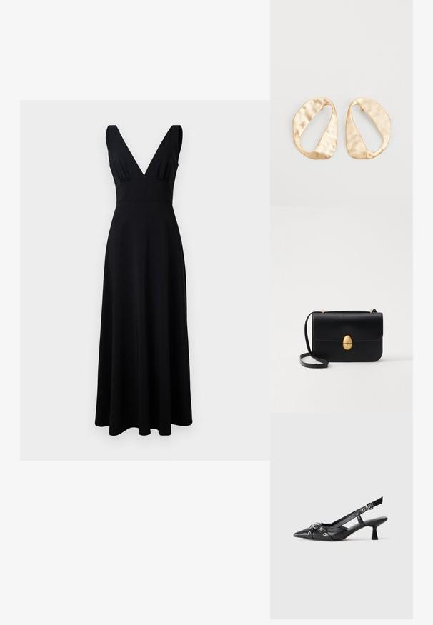 Černé šaty vyrobené z hladkého materiálu, s hlubokým výstřihem do V, širokými ramínky a volnou sukní, která sahá až na zem. Jednoduchý a elegantní design.; Černé kožené slingback boty s špičatou špičkou, dekorativními pásky s kovovými očky a nízkým blokovým podpatkem. Texturovaný povrch.; Černá kožená kabelka se strukturovaným obdélníkovým tvarem. Obsahuje zlatou oválnou sponu a tenký ramenní popruh. Hladký povrch.; Pár nepravidelných oválných náušnic z kovu pozlaceného zlatem s texturovaným, mírně kladivkovým povrchem na bílém pozadí.
