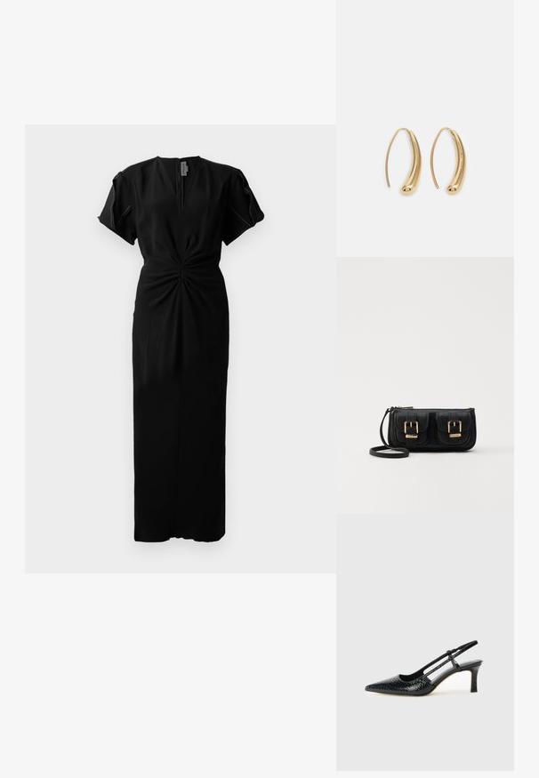 Vestido midi preto com mangas curtas e bufantes, decote em V profundo e detalhe franzido na cintura, apresentando uma silhueta justa e textura suave.; Salto slingback em patente preta com bico apontado, apresentando um padrão de pele de cobra texturizado, tira ajustável e um salto bloco curto e texturizado.; Bolsa de ombro em couro preto com dois bolsos frontais, fivelas douradas, fecho de zíper e uma alça fina. Superfície texturizada e forma retangular compacta.; Brincos em metal dourado com forma de arco alongado e curvado. Apresentam uma superfície lisa e brilhante, com uma ponta arredondada para um detalhe adicional.