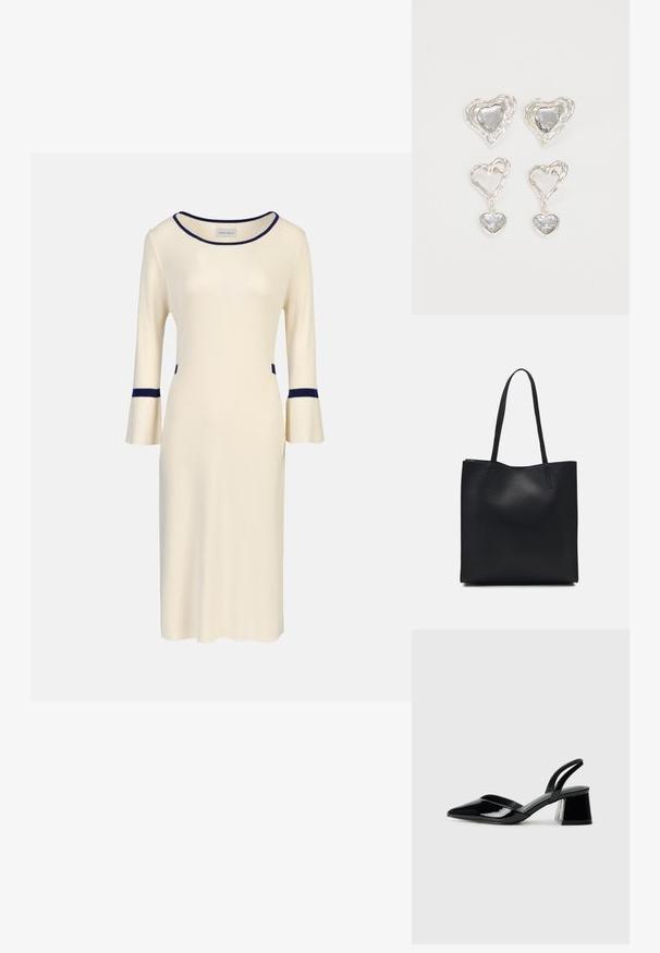 Vestido de malha creme com mangas de sino até ao cotovelo, apresentando detalhes em azul-marinho no decote e nas punhos, além de bolsos laterais. Design simples e ajustado.; Sandy em verniz preto com salto slingback, ponta afilada e salto geométrico. Apresenta um design elegante e minimalista com textura suave.; Bolsa tote preta em couro com textura lisa, forma retangular e duas alças longas. Sem hardware ou enfeites visíveis.; Os brincos em forma de coração prateados apresentam pedras claras facetadas, com uma moldura texturizada. O conjunto inclui estilos de botão e de gota.