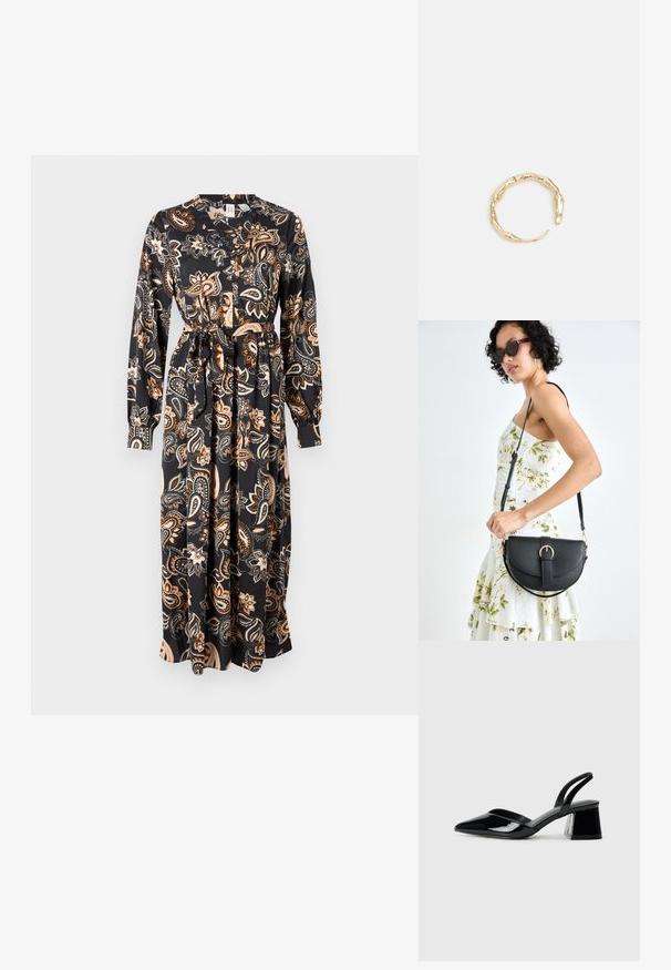 Garš melns kleita ar paisley rakstu bēšā un oranžā krāsā. Iekļauj V veida kaklu, garas piedurknes un sašaurinātu jostasvietu ar saitēm.; Melna lakota āda ar atvērto papēdi, ar smailu purngalu un ģeometrisku blokpapēdi. Iezīmējas elegants, minimāls dizains un gluda tekstūra.; Melnas ādas rokassoma ar izliekta formu, noņemamu siksnu un zelta aksesuāriem. Somai ir vāciņš ar sprādzes detaļu.; Zelta toņa gredzens ar organisku, vērptu dizainu, gludu virsmu un sašaurinātiem galiem, radot mūsdienīgu, skulpturālu izskatu.