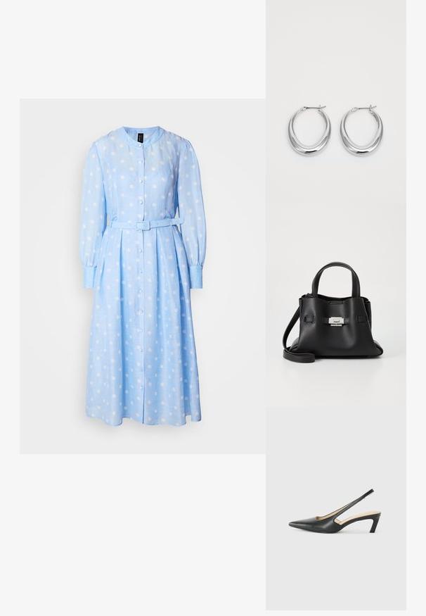 Lysblå langærmet kjole med hvide prikker, knaplukning foran og bælte i taljen. Har en rund krave og plisseret skørtej.; Sorte spidse slingback-sko med en lav hæl, lavet af glat læder og med udskæringer på siden for åndbarhed.; Sort læderhåndtaske med en tekstureret overflade, der har to bærehåndtag, en aftagelig skulderrem og en detalje med sølvspænde.; Et par polerede sølv halvmåne hoops øreringe med hængslet lukkemechanisme på hvid baggrund.