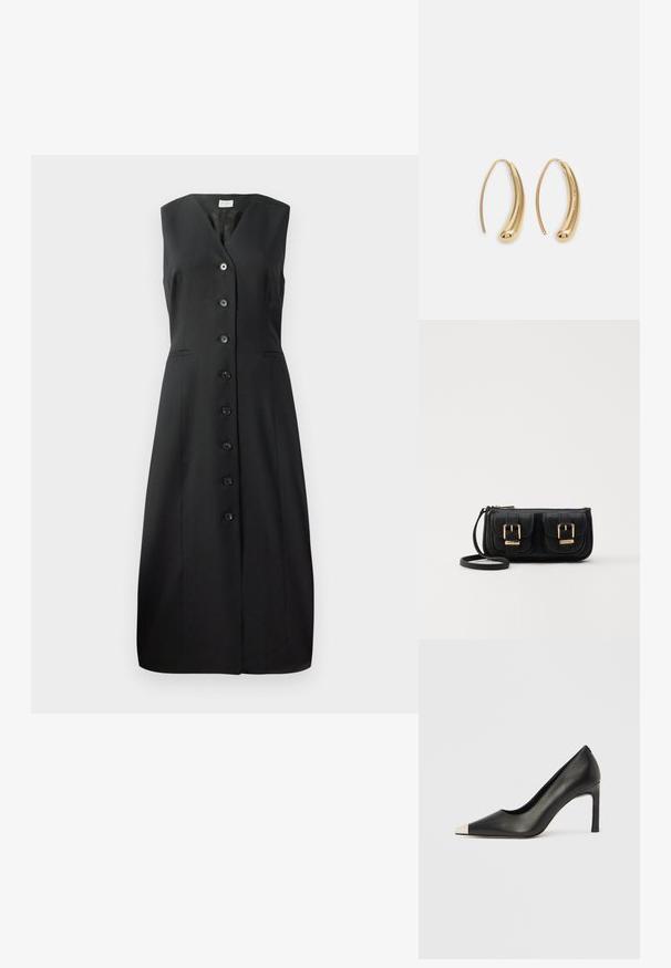 Zwarte mouwloze jurk met een V-hals, zeven knopen aan de voorkant en twee zijzakken; gladde stof en figuurvormig ontwerp.; Zwarte leren hoge hak met een spits toelopende neus en een metalen zilverkleurige kap. Heeft een gladde afwerking en een slanke hak van 10 cm.; Zwarte leren schoudertas met twee vo pockets, gouden gespen, ritsluiting en een smalle band. Tekstuur oppervlak en compacte rechthoekige vorm.; Gouden metalen oorbellen in de vorm van een gebogen, verlengde hoop. Kenmerkend zijn het gladde, glanzende oppervlak en de afgeronde punt voor extra detail.