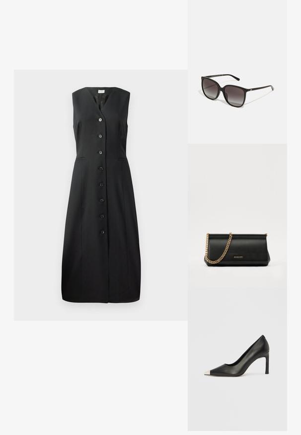 Abito nero senza maniche con scollatura a V, sette bottoni frontali e due tasche laterali; tessuto morbido e design aderente.; Scarpa con tacco alto in pelle nera con punta affilata e cappuccio metallico argento. Presenta una finitura liscia e un tacco sottile di 10 cm.; Occhiali da sole neri rettangolari con lenti sfumate, montatura in plastica e accento in metallo con logo sulla tempia. Design classico con texture liscia.; Clutch bag in pelle nera con tracolla in catena dorata, caratterizzato da una superficie liscia, forma rettangolare e branding in rilievo sul davanti.