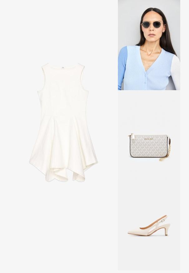 White sleeveless dress with a flared design, made of textured fabric; features a rounded neckline and asymmetrical hemline.; White slingback heel with a pointed toe, smooth upper material, low block heel, and side cut-out design with adjustable buckle strap.; Round sunglasses with dark lenses and gold frames. The model wears a light blue, ribbed cardigan with buttons and contrast white sleeves.; Michael Kors wristlet in beige coated canvas featuring a repeating MK logo pattern, gold hardware, and a detachable chain strap.