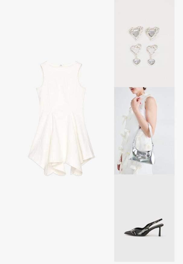 Valge ilma varrukateta kleit, millel on laienev disain, valmistatud tekstureeritud kangast; omaduseks on ümmargune dekoltee ja asümmeetriline lõhik.; Must musta nahk kingad sanga ja terava ninaga, ankle strapidega, millel on hõbedased pandlad ja riistvara ning õhuke konts.; Hõbedane metallik käekott struktureeritud kujuga, millel on ülemine sang ja ettepoole suunatud paeladetail. Sile tekstuur, peegeldav viimistlus.; Hõbedased südamekujulised kõrvarõngad on kaunistatud lõhikute ja selgete kividega ning neil on tekstureeritud raam. Komplekti kuuluvad kõrvarõngad nupud ja rippuvad mudelid.