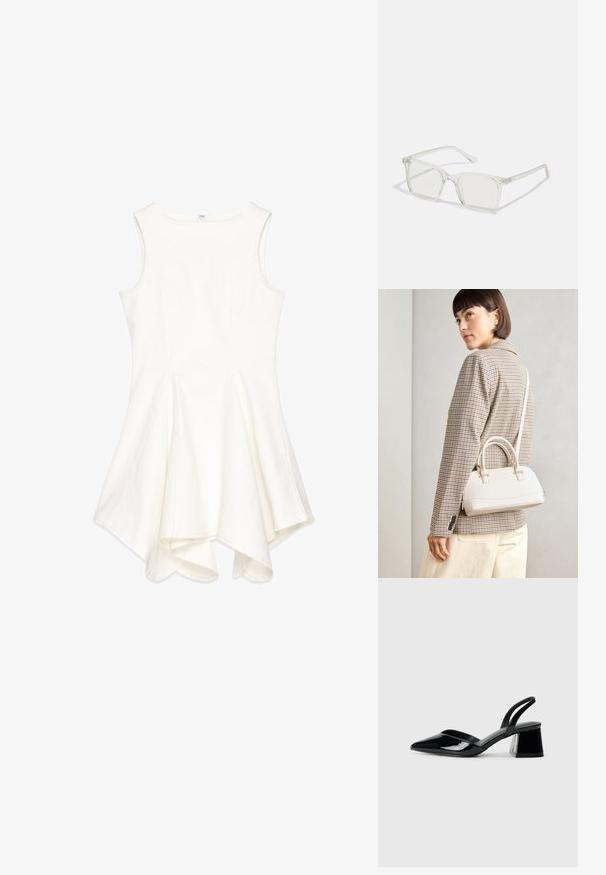 Hvid ærmeløs kjole med en udfladet design, lavet af struktureret stof; har en rund halsudskæring og asymmetrisk kant.; Sorte patentlæder slingback hæle med spids tå og en geometrisk blok hæl. Har et elegant, minimalistisk design og en glat tekstur.; Klare plastiske briller med firkantet ramme og gennemsigtige linser, der har guld accenter på tempelstængerne for ekstra detaljer.; Hvid struktureret taske med korte håndtag og en skulderrem, prydet med guldfarvede hardwaredetaljer og tekstureret materiale, præsenteret mod en grå baggrund.