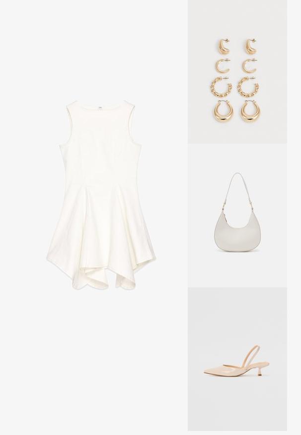 Baltas bezpiedurkņu kleita ar izplestu dizainu, izgatavota no teksturēta auduma; tai ir apaļa kakla izgriezums un asimetriska apakšmala.; Bežīgas lakotas ādas slingback papēži ar smailu purngalu un šauru, kvadrātveida papēdi. Gluda tekstūra un minimālistisks dizains bez dekorēšanas elementiem.; Krems krāsas ādas plecu soma ar pusmēness formas siluetu, plānu siksniņu un smalku šuvju detaļām. Minimālistisks dizains ar zelta toni aparatūras akcentiem.; Piecu zelta auskaru komplekts, kas ietver dažādus dizainus: savītas, ribotas un gludas virsmas cilpās un pusmēness formās.