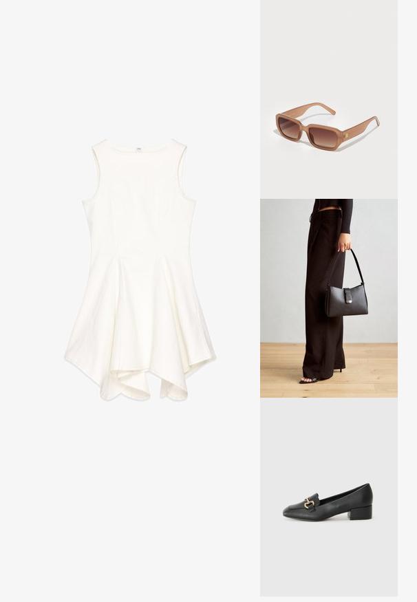 Witte mouwloze jurk met een uitlopende design, gemaakt van gestructureerde stof; heeft een ronde halslijn en een asymmetrische zoom.; Zwarte lederen instappers met een platte hak, met een decoratieve gouden hardware detail aan de voorkant en een gladde textuur.; Bruine rechthoekige zonnebril met gradient lenzen, dikke monturen en een logo-detail aan de zijkant. Soepel plastic materiaal, minimalistisch ontwerp.; Zwarte handtas met gestructureerde vorm, gladde textuur en een metalen sluiting. Gecombineerd met brede zwarte broeken en sandalen met open teen op een houten vloer.