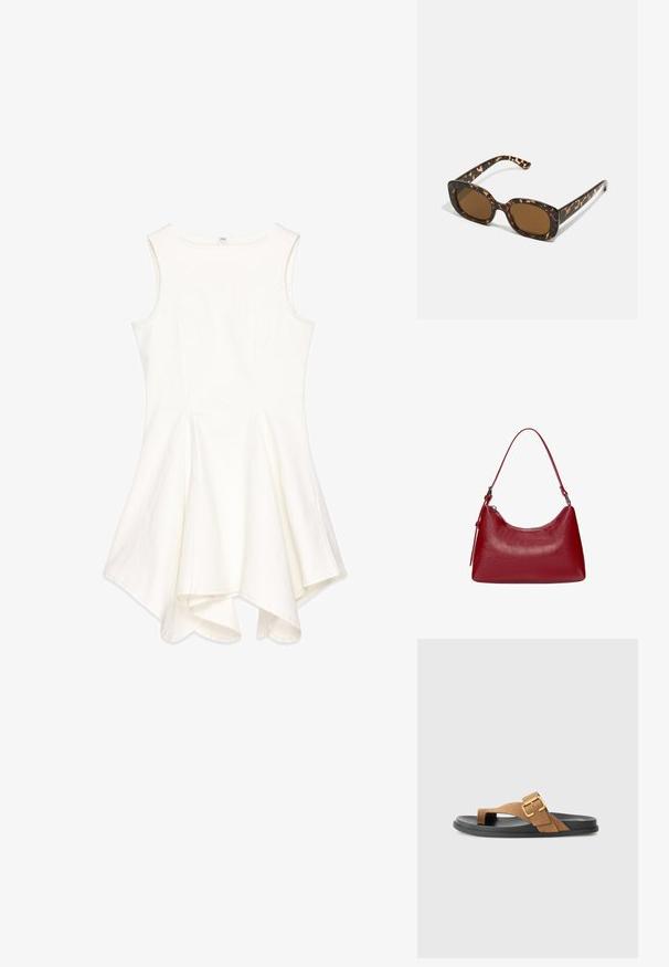 Robe sans manches blanche avec un design évasé, confectionnée dans un tissu texturé ; présente un col rond et un ourlet asymétrique.; Sandales en daim marron avec un détail de boucle en or, dotées d'une semelle plate en caoutchouc noir et d'un design en tongs. Texture lisse, style minimaliste.; Lunettes de soleil en écaille de tortue avec une monture ronde et épaisse et des verres marron. Présente des motifs subtils et des branches droites et effilées.; Sac à épaule en cuir rouge avec un design courbé, texture lisse et fermeture éclair. Il dispose d'une fine anse pour le porter.